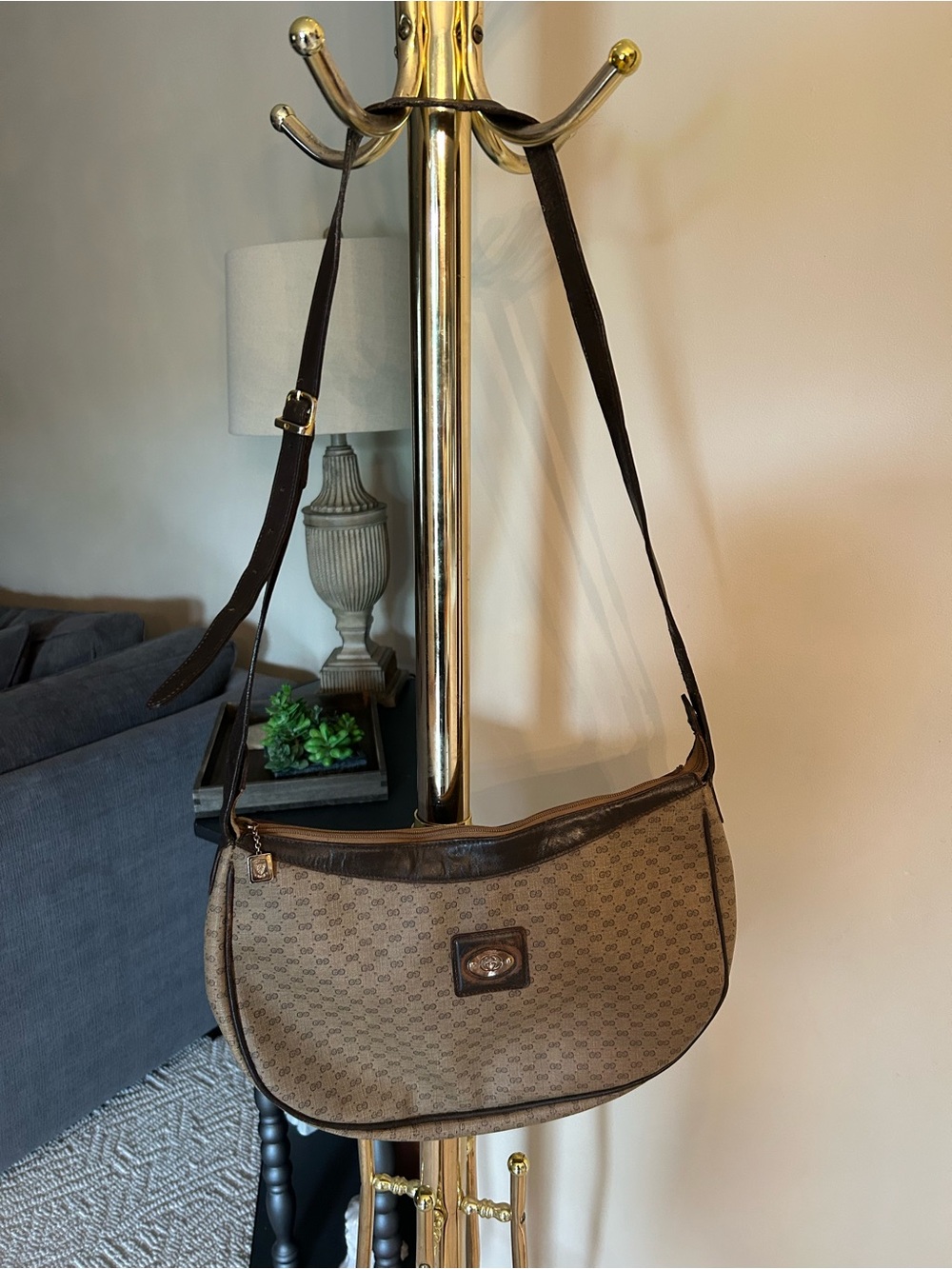 Gucci Brown Monogram Shoulder Bag with Dark Brown Trim